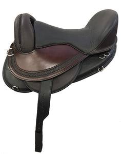 Freeform Pathfinder Treeless Saddle with leathers - black seat on brown/black saddle base.