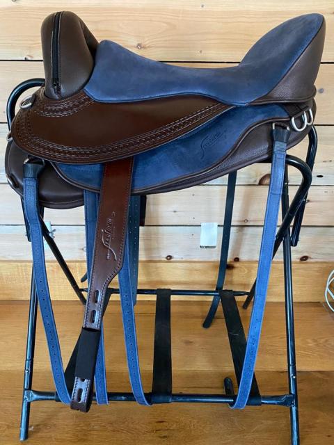 Freeform Pathfinder Treeless Saddle with Leathers - royal blue seat on a brown saddle base.